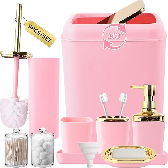 Pink Bathroom Accessories Set, Pink and Gold Bathroom Accessories with Trash Can, Soap Dispenser, Soap Dish, Toothbrush Holder and Q-tip Holders