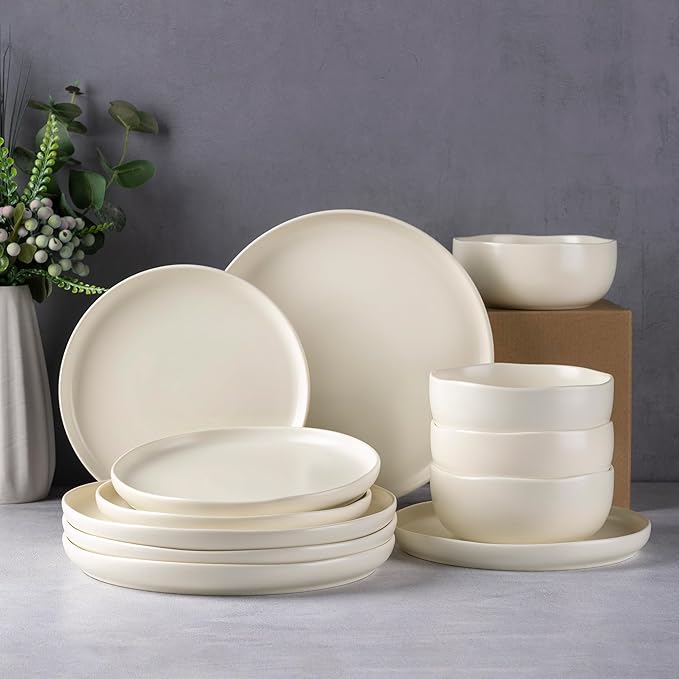 AmorArc Stoneware Dinnerware Sets, Wavy Rim Ceramic Plates and Bowls Sets, Highly Chip and Crack Resistant | Dishwasher & Microwave & Oven Safe Dishes set, Service for 6 (18pc)