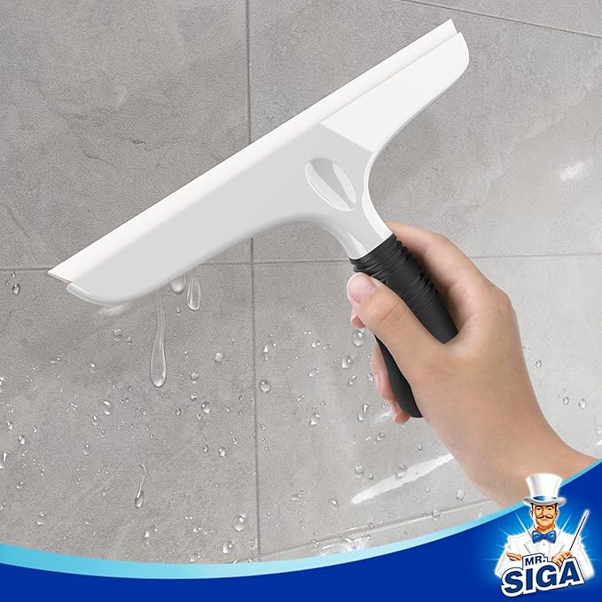 MR.SIGA Multi-Purpose Silicon Squeegee for Window, Glass, Shower Door, Car Windshield, Heavy Duty Window Scrubber, Includes Suction Hook, 10 inch, White & Black, 1 Pack