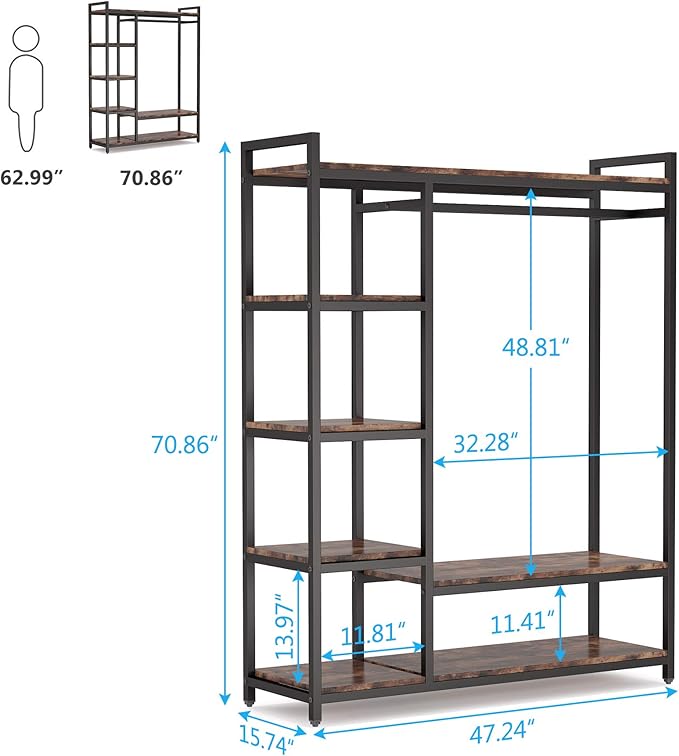 Tribesigns Free-standing Closet Organizer with 6 Storage Shelves and Hanging Bar, Large Standing Clothes Garment Rack(Vintage)