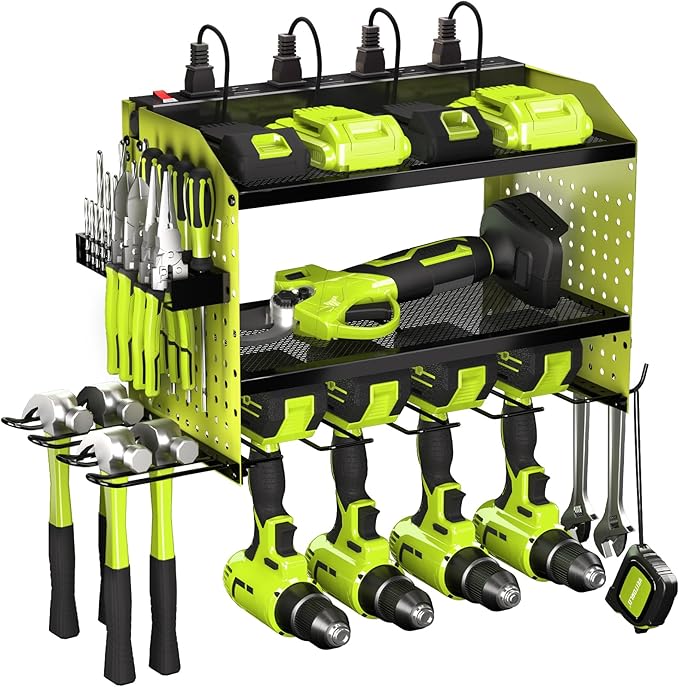 Veitorld Power Tool Organizer with Charging Station, Heavy Duty Modular Wall Mount Rack for Garage - 4 Drill Holders, Tool Storage Organizer, Christmas Birthday Gifts for Men Him Dad Husband