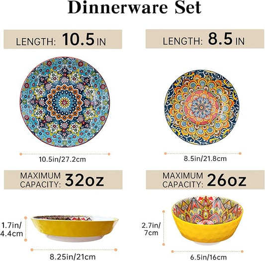 24 Pieces Dinnerware Sets, Ceramic Plates and Bowls Set, Microwave and Dishwasher Safe, Scratch Resistant, Bohemian Style Dishware Set, Service for 6