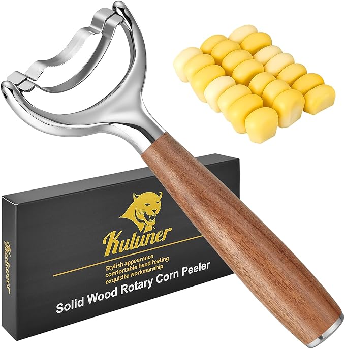 KULUNER Durable Stainless Steel Corn Peeler with Polished Wood Handle Corn on the Cob Stripper Kernel Remover Easy Use Corn Kernel Cutter Kitchen Gadget(Rosewood)