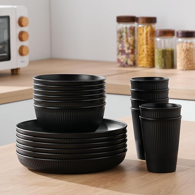 Cythia Plates and Bowls Sets for 6, 18 Pieces Kitchen Dinnerware Set Plastic Dishes Set Wheat Straw Reusable Dinner Plates, Cereal Soup Bowls and Cups Tableware for Home Parties Camping