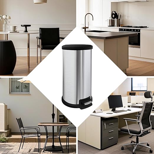 10 Gallon Trash Can with Lid, Tall Round Stainless Steel Kitchen Garbage Can with Plastic Lid, Liner Free Step-on Pedal Hand Free Trash Can, 40 Liter Capacity, Silver