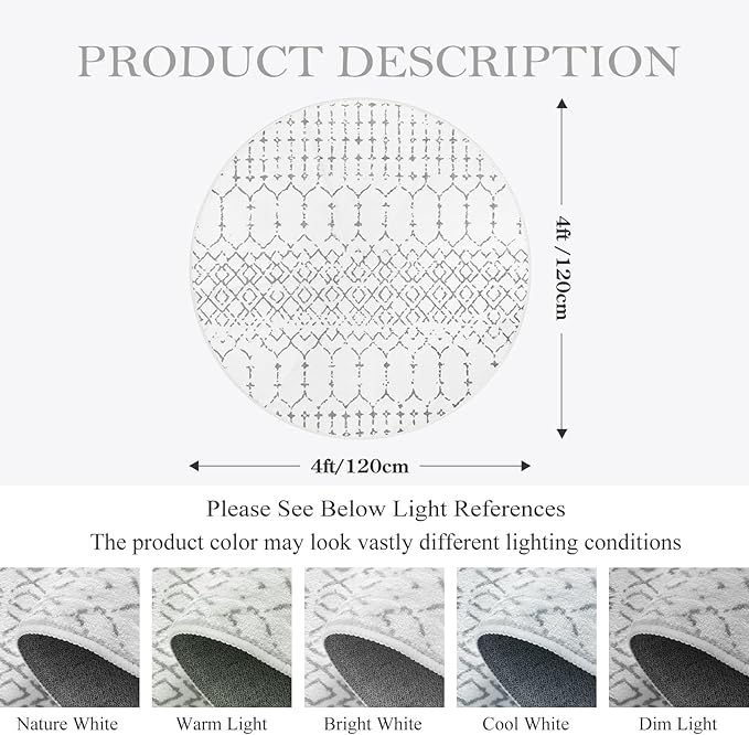 Lahome Moroccan Round Rugs - 4Ft Washable Non-Slip Small Round Area Rug for Bedroom Soft White Low-Pile Round Throw Rug, Modern Geometric Print Indoor Circle Rugs for Kitchen Living Room Sofa Nursery