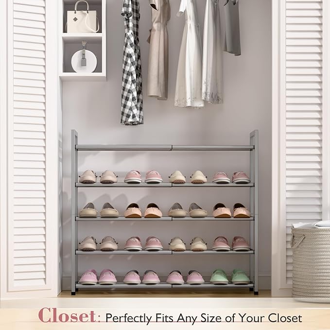 Bumusty 5-Tier Expandable Shoe Rack for Closet, 18“-33” Adjustable Shoe Rack for Small Space, Small Shoe Organizer for Front Door, Sturdy Metal, Light Grey