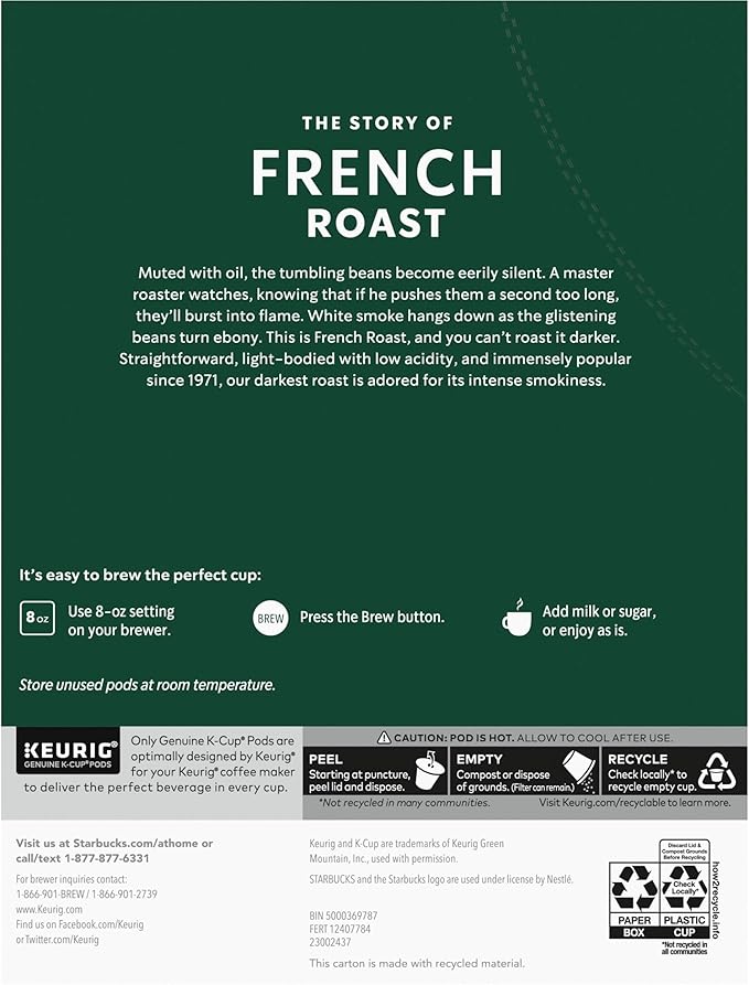 Starbucks K-Cup Coffee Pods, Dark Roast Hot or Iced Coffee, French Roast, 22 Keurig Pods