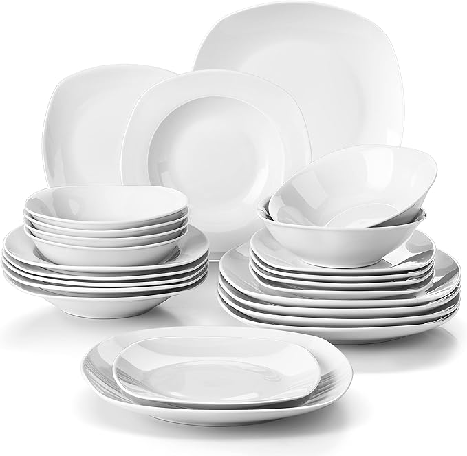 MALACASA Dinnerware Sets, 24-Piece Porcelain Square Dishes, Grey White Ceramic Dish Set for 6, Chip and Scratch Resistant Plates and Bowls Sets, Series ELISA