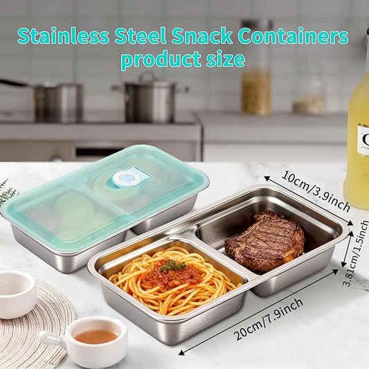 2 Pack Stainless Steel Snack Containers with Lids, Reusable Leak-Proof 2-Compartment Bento Box, Portable Food Storage Lunch Box for Work, Travel, Meal Prep