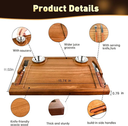 Acacia Wooden Steak Plates Board for Eating Set of 2,15.7" Meat Cutting Boards for Steak Food Serving Tray with Fork, Knife & Ramekins,Charcuterie Platter for Kitchen, BBQ & Entertaining
