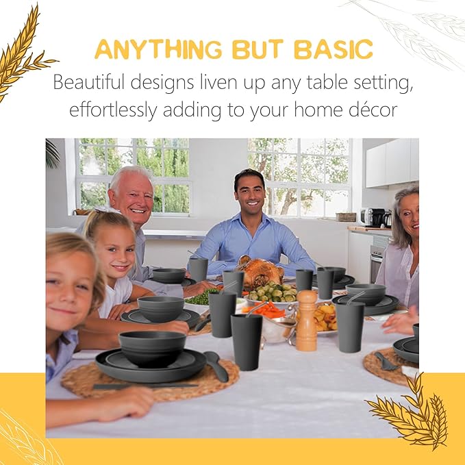 Teivio 32-Piece With Flatware Kitchen Plastic Wheat Straw Dinnerware Set, Service for 8, Dinner Plates, Dessert Plate, Cereal Bowls, Cups, Unbreakable Plastic Outdoor Camping Dishes, Gray Ombre