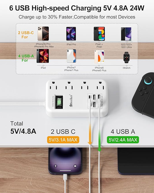 6 USB(2 USB C) Travel Power Strip- Flat Plug Extension Cord 3 Feet with 4.8A 24W USB Charging Station and 4 Outlets, 3 FT Short Extension Cord Portable for Travel Cruise Office College Dorm