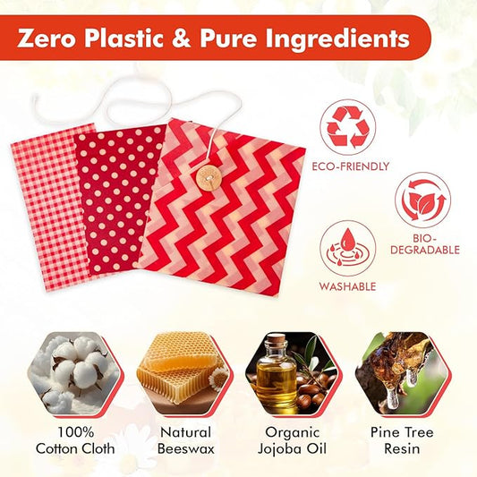 Beeswax Wraps for Food, 3 Pack (S, M, L) Reusable Food Wraps, Bread Sandwich Wrap, Beeswax Paper with Bukcle, Zero Waste, Plastic-Free Food Storage Wrap