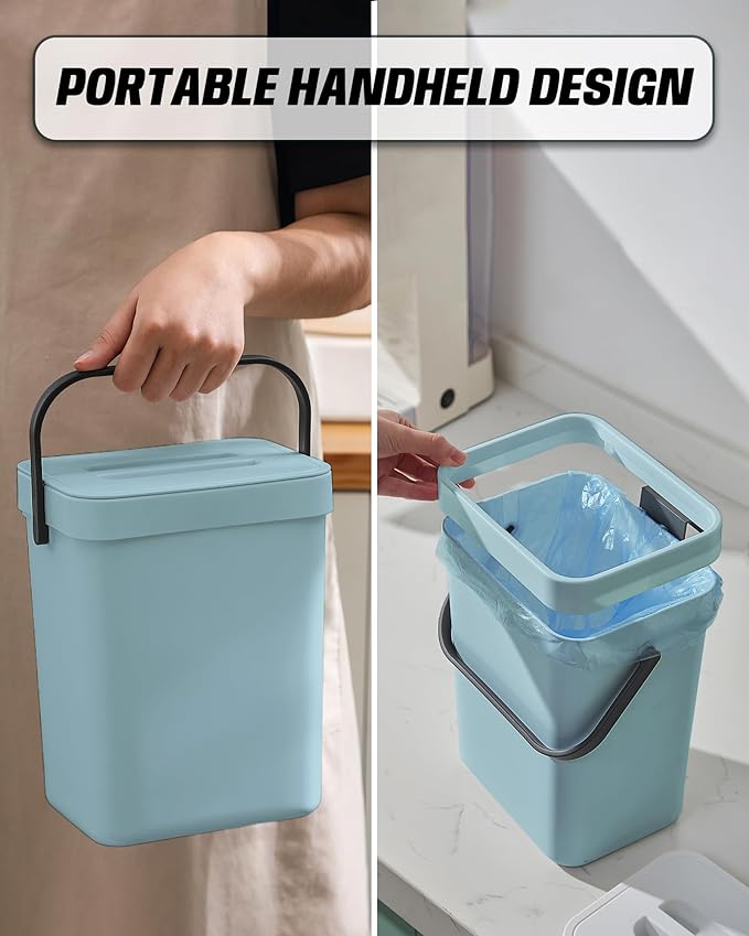 1.3 Gallon Small Trash Can with Lid - Countertop Food Waste Bin, Kitchen Hanging Trash Can for Cabinet Door/Under Sink, Small Garbage Can for Desk, 5L(Subtle Blue)