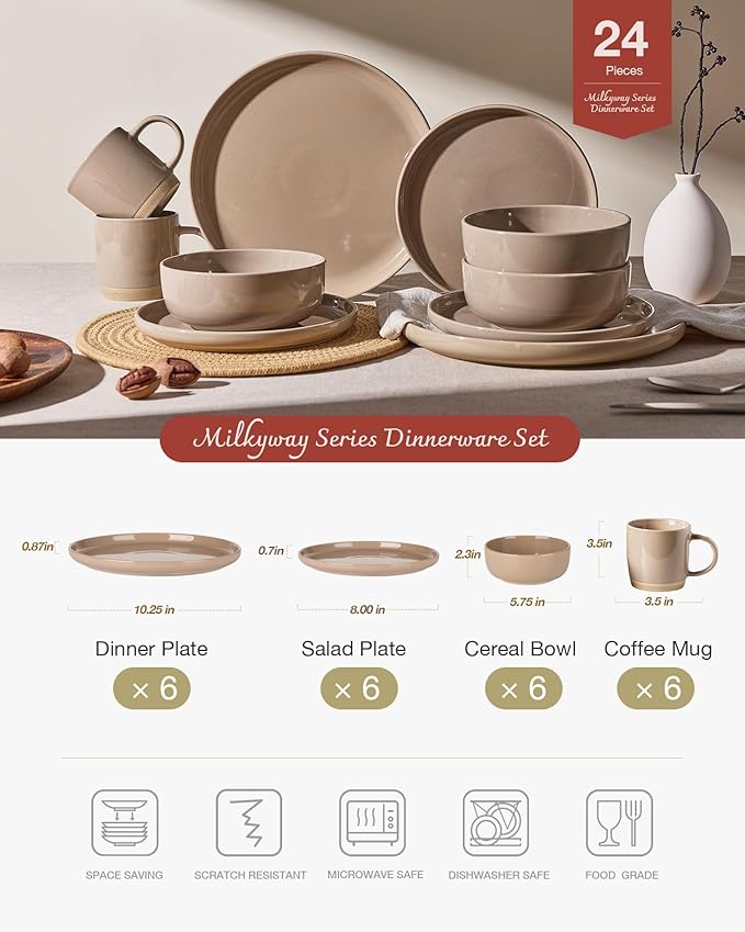 Famiware Milkyway Stoneware Dinnerware Sets with Mugs, Service for 6 (24 Pieces), Plates and Bowls Sets -Scratch Resistant, Microwave and Dishwasher Safe Dishes Set, Cinnamon Brown