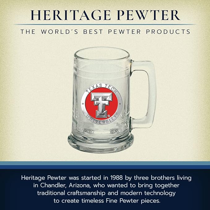 Heritage Pewter Texas Tech Beer Stein Glass | 15 Ounce German-Style Beer Glass | Intricately Crafted Metal Pewter Alma Mater Inlay