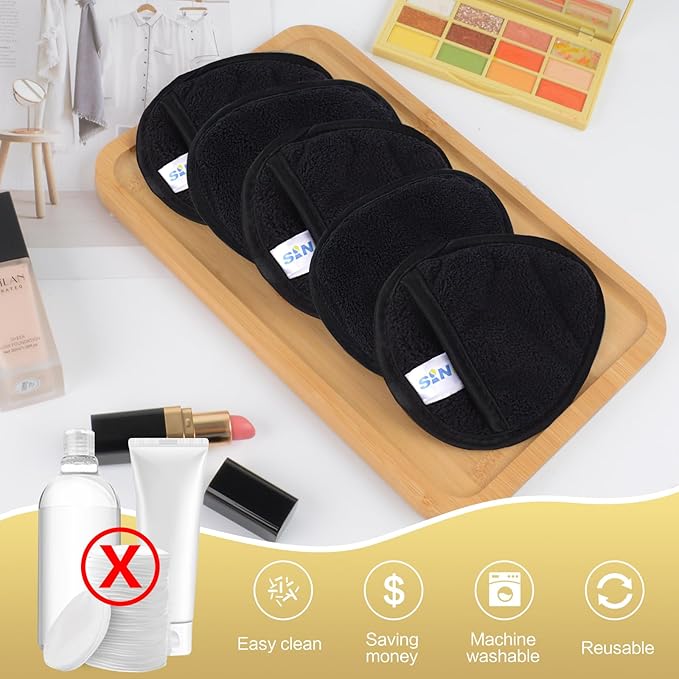 SINLAND Reusable Makeup Remover Pads For Face,Eye,Lips Microfiber Gentle Facial Cleansing Cloths for All Skin Types Friendly for Makeup Remover With Laundry Bag Black Pack of 6