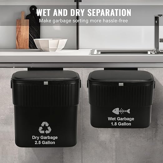 ELPHECO Kitchen Compost Bin with Lid 1.8 Gallon Hanging Trash Can with Lid, 7 Liter Wall-Mounted Garbage Can for Kitchen Cabinet Door, Small Under Sink Trash Can for Counter Top, Bathroom, Black