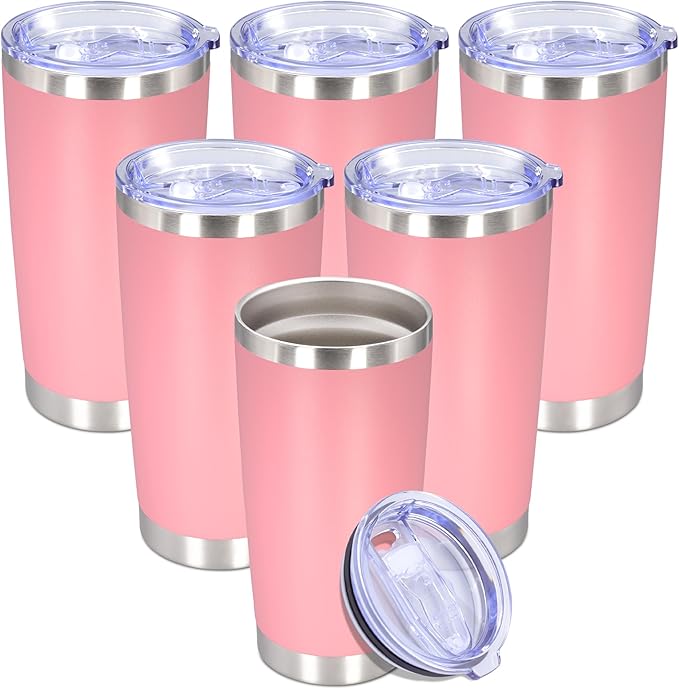 20 oz Tumbler with lid Double Wall Vacuum Insulated Tumblers Stainless Steel Coffee Mug Travel Coffee Tumbler Powder Coated Tumbler Cup Keep Hot&Cold - (Pink 6 Pack)