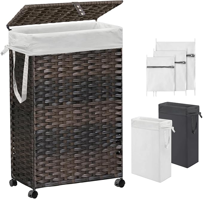 70L Slim Laundry Hamper with Lid & Wheels, Rolling Laundry Basket with 2 Removable Liner Bags & 3 Mesh Bags, Narrow Dirty Clothes Basket, Foldable Handwoven Rattan Laundry Sorter, Brown