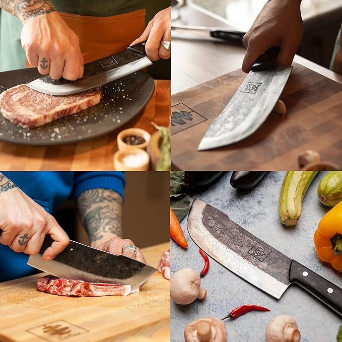 COOLINA Daozi Forged Cleaver Butcher Knife, 7.9-in High Carbon Steel Blade, Handmade Chinese Traditional Knife, Best for Chopping, Slicing, Cutting Meat