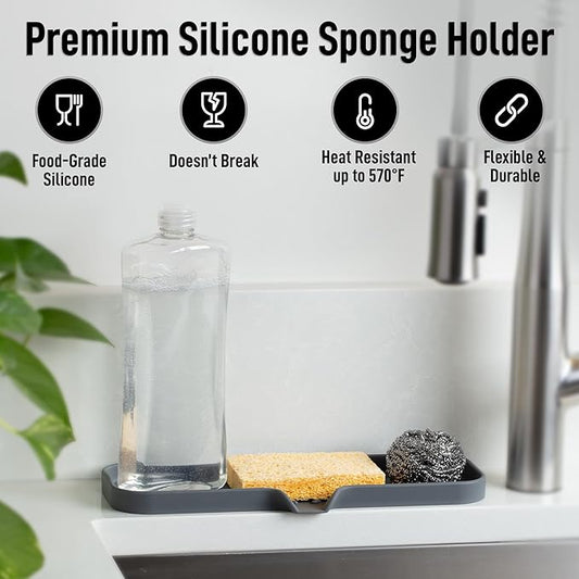 Zulay Kitchen Large Silicone Sponge Holder (12x4) β Flexible Sink Organizer Tray for Kitchen & Bathroom β Multipurpose Soap Dish for Sponges, Makeup, Trinkets & More (Grey)