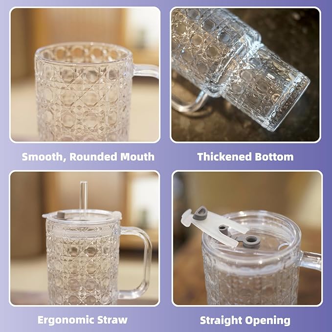 20 oz Glass Tumbler With Lid and Straw Set, 4 Pcs Large Ribbed Glass Tumbler, Reusable Iced Coffee Cups for Water, Tea, Coffee, Juice, Yogurt, And Soda Water