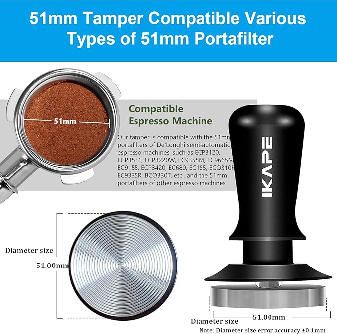 IKAPE 51mm Espresso Tamper, Premium Barista Coffee Tamper with Calibrated Spring Loaded, 100% Flat Stainless Steel Base Tamper for Espresso Machine(Black)