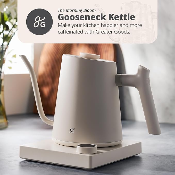 Greater Goods Electric Gooseneck Kettle, 1200W Stainless Steel with Precision Temperature Control, Fast Boil, BPA-Free, Ideal for Pour Over Coffee and Tea,1L (Birch)