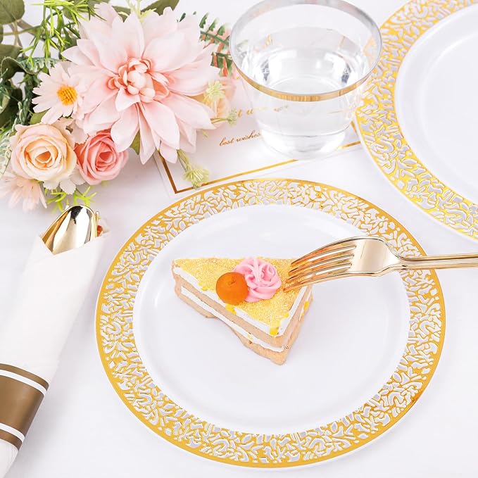 DaYammi 210 PCS Thanksgiving Gold Plastic Plates, Thanksgiving Plastic Dinnerware Sets, Includes: 30 Dinner Plates, 30 Salad Plates, 30 Pre Rolled Napkins with Gold Silverware and 30 Cups 9 OZ