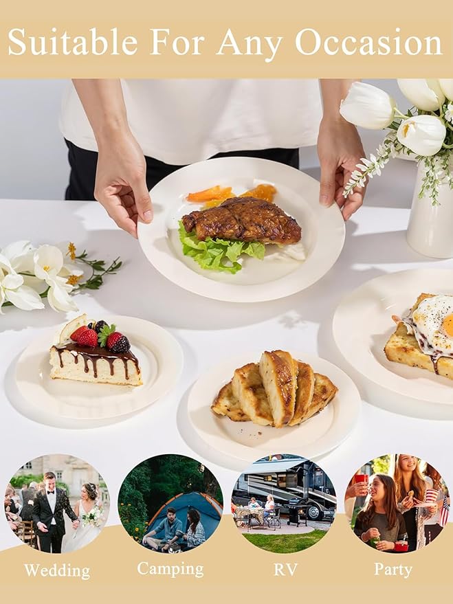 WDF 200PCS Ivory Plastic Plates - Elegant Ivory Disposable Plates for Party- Include 100 Dinner Plate 10’’ and 100 Plastic Dessert Plate 7’’ Perfect for Thanksgiving/Wedding/Party/BirthdayBaby Shower