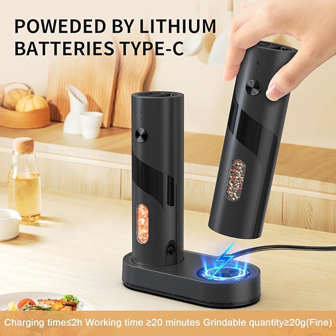 Electric Salt and Pepper Grinder Set with Charging Base,Matte Automatic Pepper Grinder Set Top-Refill, Flexible Coarsenes, 110ml Larger Capacity with LED Light for Home Kitchen (2 pack)