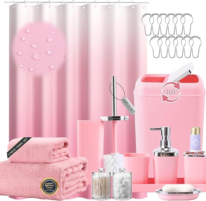 Pink Bathroom Accessories, 24 Pieces Pink Bathroom Accessories Set with Shower Curtain, Bath Towels, Trash Can, Soap Dispenser and Soap Dish for Bathroom/Housewarming