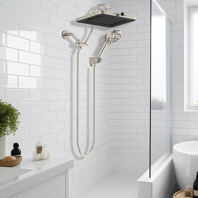 Hibbent cUPC Certified High Pressure 13'' Dual Shower Head Combo with 10-mode Handheld Spray, Rainfall 5-spray Shower Head, 12'' Adjustable Extension Arm, 71'' Hose, Showerhead Holder, Brushed Nickel