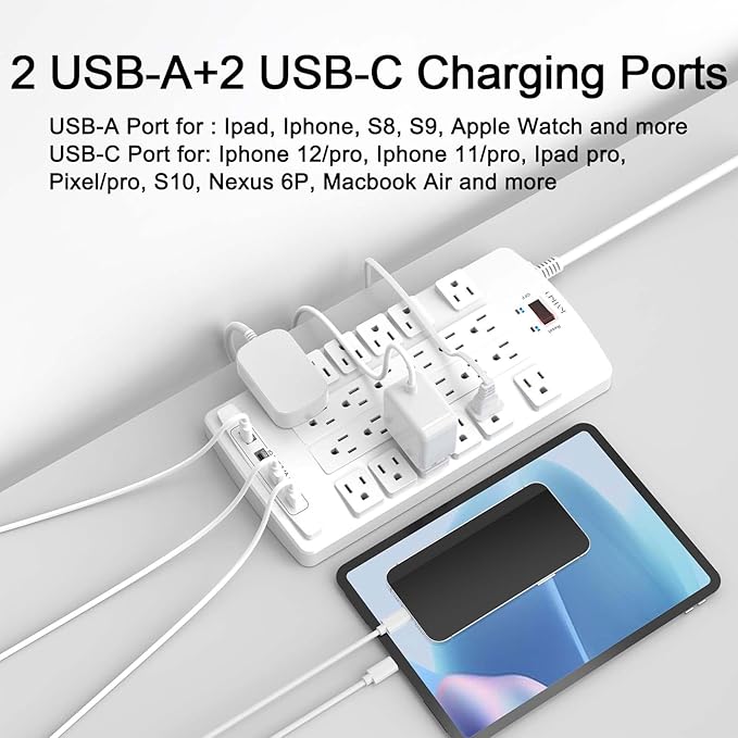 QINLIANF Surge Protector Power Strip - 6Ft Flat Plug Heavy Duty Extension Cord with 24 Outlets and 4 USB Ports(2 USB-C Ports), 1875W/15A, 4100J, for Home, Office, Dorm, ETL Listed, White