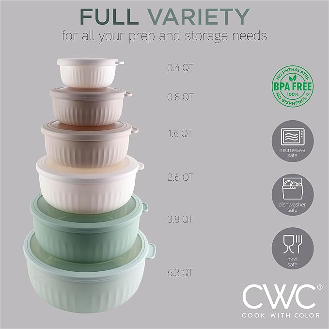 COOK WITH COLOR Prep Bowls with Lids- Wide and Deep Nesting Plastic Small Mixing Bowl Set with Lids, 12 Piece Set - Wide Bowls, Mint