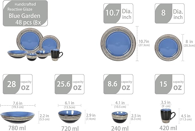 48 Piece Dinnerware Set, Ceramic Plates and Bowls Sets for 8, Microwave and Dishwasher Safe, Handcrafted Tree Bark Series Dish Set, Blue