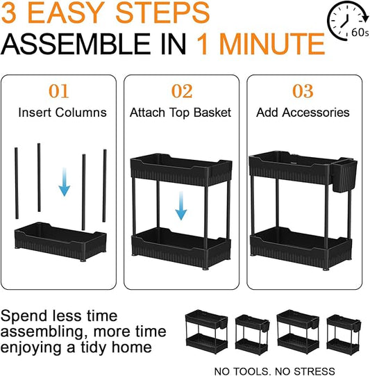 4 Pack Under Sink Organizer, Under Bathroom Cabinet Organizer with Hooks Hanging Cup, Multi-Purpose Storage Shelf for Kitchen Bathroom, Black