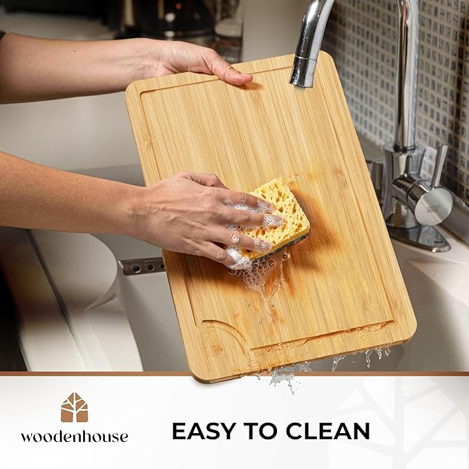 Bamboo Cutting Board Set of 3 with Holder – Durable Wooden Boards for Kitchen, Chopping & Serving – Eco-Friendly by Woodenhouse