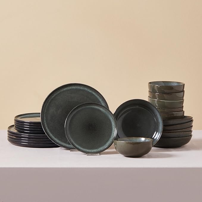 Karaca Fein 24 Piece Reactive Glaze Dinner Set for 6 People, Modern Design with Unique Handcrafted Patterns, Durable Kitchen Plates and Bowls Sets, Stoneware Dinnerware & Dishwasher Safe