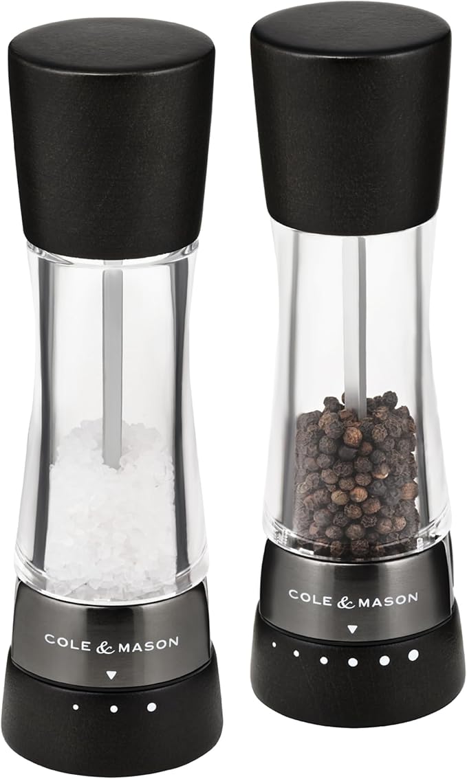 Cole & Mason H332293 Derwent Black Wood Salt and Pepper Mills, Gourmet Precision+, Adjustable Grind, Stained Beech/Acrylic, 190 mm, Gift Set, Includes 1 Salt and 1 Pepper Grinders