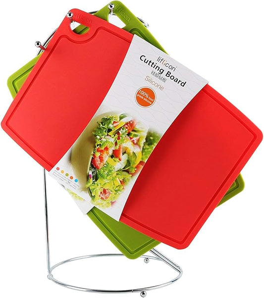 Liflicon Thick Cutting Boards for Kitchen Silicone Chopping Board Set of 2 Mid 12.6'' x 9.1β,Mini 9.1βx7.1β Non-slip Deep Drip Juice Groove Easy Grip Handle,Dishwasher Safe-Red