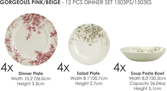 Tudor Royal Collection 12-Piece Premium Quality Porcelain Dinnerware Set, Service for 4 - GORGEOUS PINK See More Designs Inside!