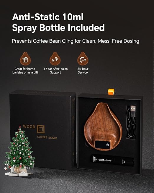 Walnut Coffee Bean Scale and Spray Bottle Kit - MUVNA Mini Rechargeable 0.1 Precision Dosing Tray Walnut Wood with LED Display for Espresso, Tea, Kitchen Spice