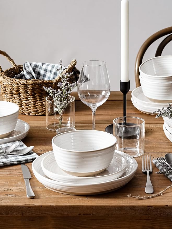 LE TAUCI Dinnerware Sets 12 PCS, Ceramic Plates and Bowls Set, For Housewarming (28 oz Cereal Bowl+ 8" Salad Dish+10" Dinner Plate) x 4, Oven safe, Arctic White