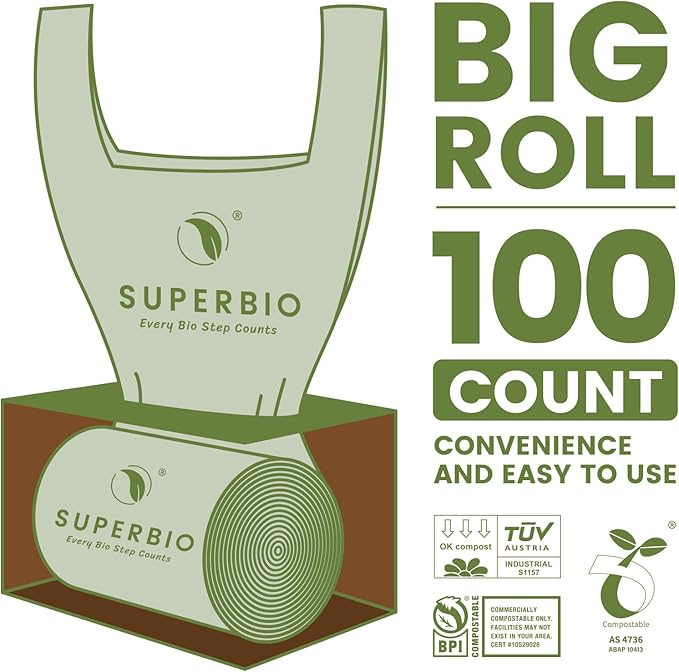 SUPERBIO 2.6 Gallon Compostable Bags, 100 Count, 2 Pack, 9.84L, Handle Tie Food Waste Bags, BPI and OK compost INDUSTRIAL Certified