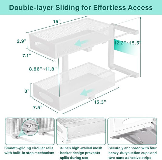Under Sink Organizer, 2 Pack 2 Tier Metal Slide Out Pull Out Cabinet Organizer Shelf, Height Adjustable Organization and Storage Series, Bathroom/Desktop/Cabinet/Kitchen organization, White