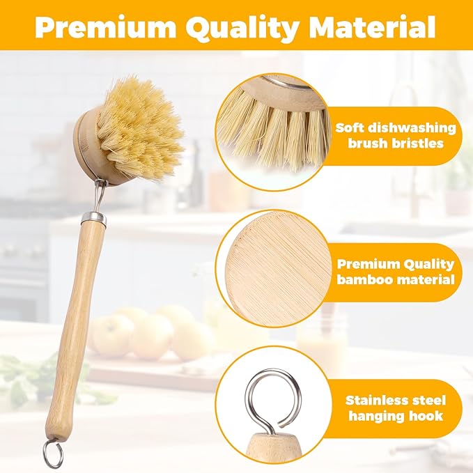 5 Pcs Bamboo Dish Brush Set Practical Dish Cleaning Brush Set Multifunctional Dish Washing Brush Set Ergonomic Kitchen Brush Set for Kitchen Cleaning Pots Pans Dishes