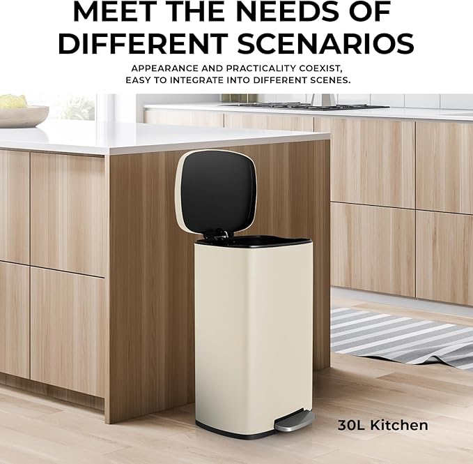 8 Gal Kitchen Trash Can, 30L Recycling or Garbage Bin, Brushed Stainless Steel Waste Basket, Soft&Quiet Close Dustbin, with Step-On Pedal, Removable Inner Bucket, for Home, Office, Living Room